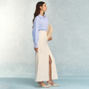 Đầm trắng dây xẻ trước & sơ mi xanh